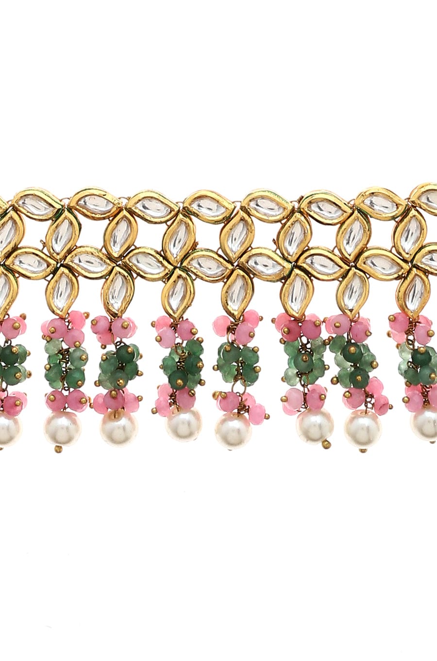 Gold Plated Kundan Necklace With Pink & Green Stone - Image 5