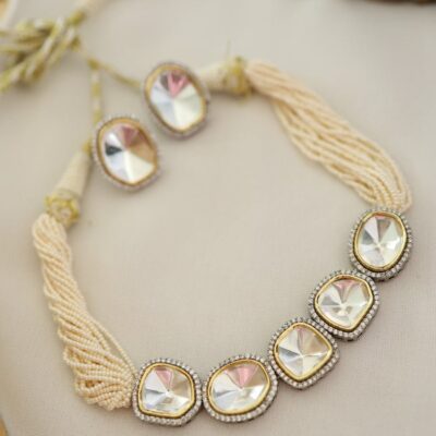 Gold Plated  Ad Polki  Necklace With White Pearl