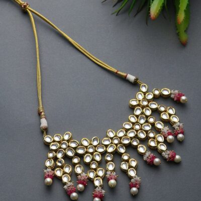 Gold Plated  Kundan Necklace With Pink & White Stone