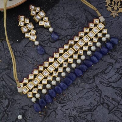 Gold Plated  Kundan Necklace With Blue Stone
