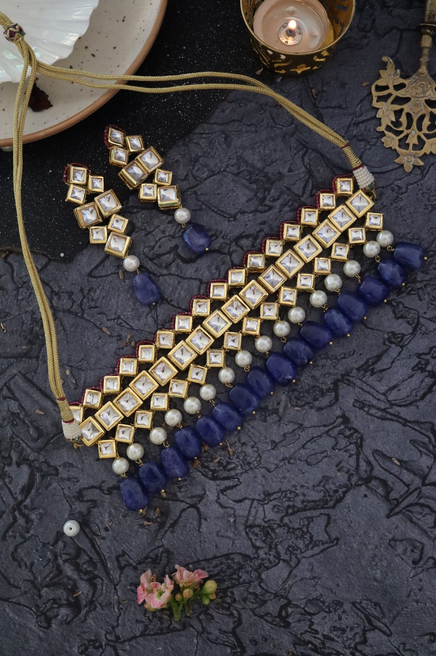 Gold Plated Kundan Necklace With Blue Stone