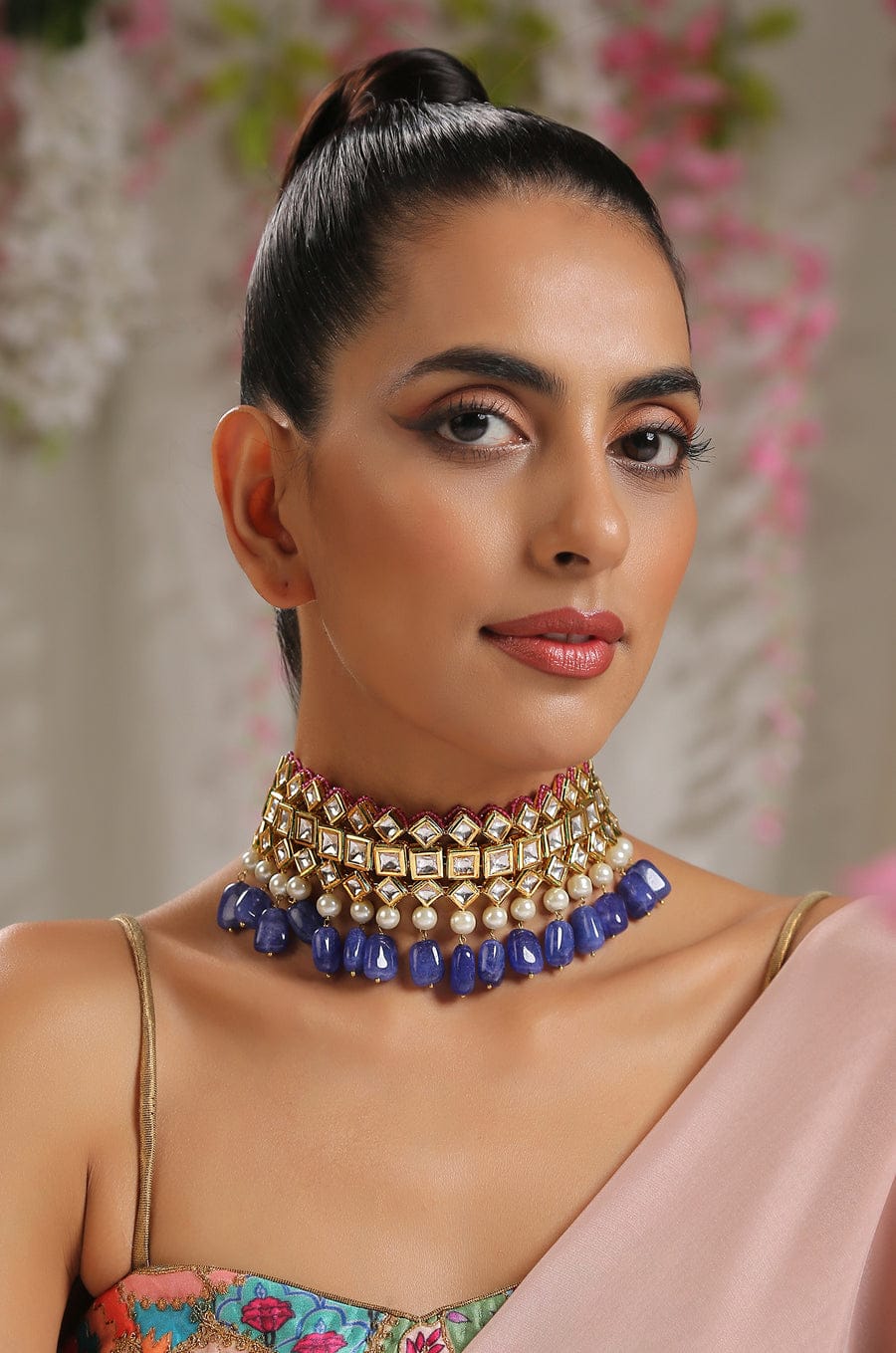 Gold Plated Kundan Necklace With Blue Stone - Image 2