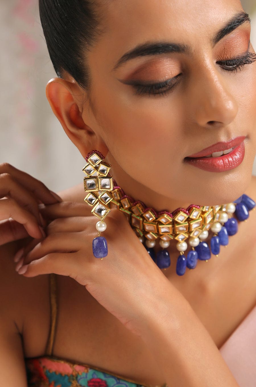 Gold Plated Kundan Necklace With Blue Stone - Image 3
