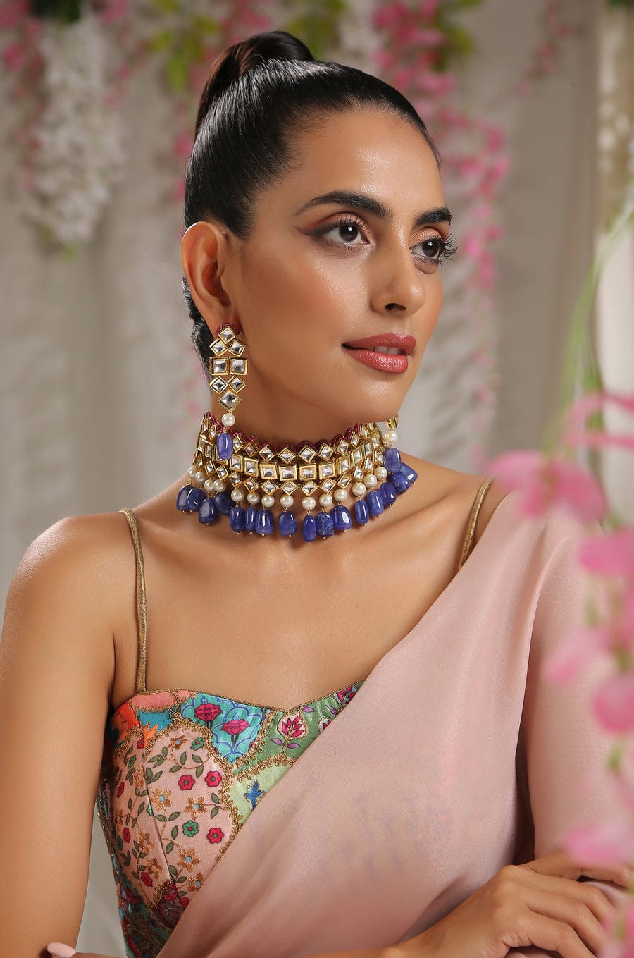 Gold Plated Kundan Necklace With Blue Stone - Image 4