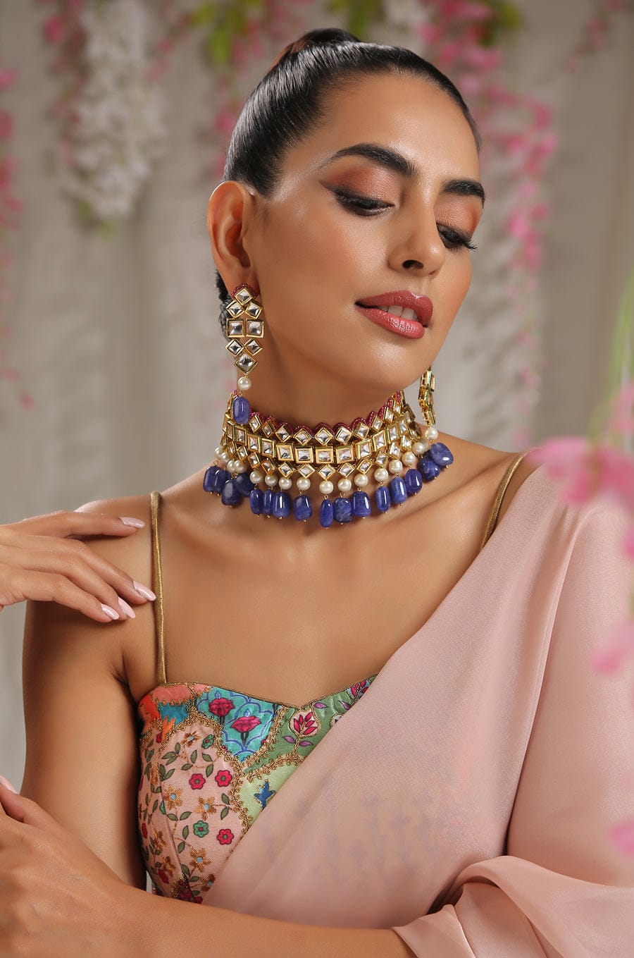 Gold Plated Kundan Necklace With Blue Stone - Image 5