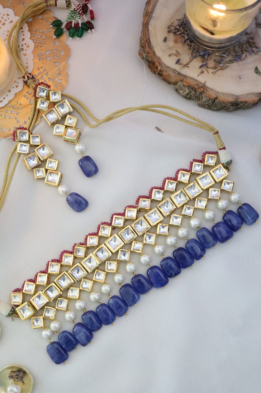 Gold Plated Kundan Necklace With Blue Stone - Image 6