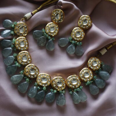 Gold Plated  Kundan Necklace With Green Drop Stone