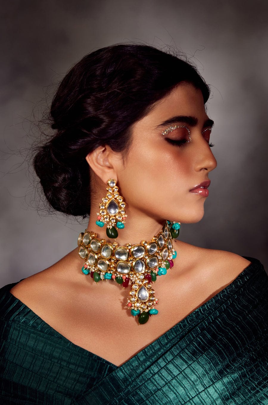 Gold Plated Kundan Necklace With Multi Stone - Image 4