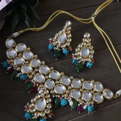 Gold Plated  Kundan Necklace With Multi Stone