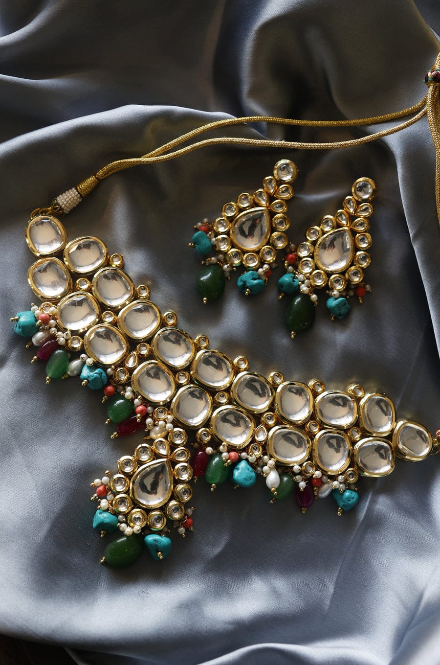Gold Plated Kundan Necklace With Multi Stone - Image 6