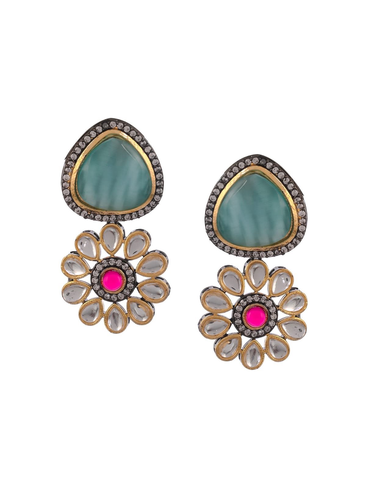 Gold Plated Blue & White Kundan Jewellery Set - Image 5