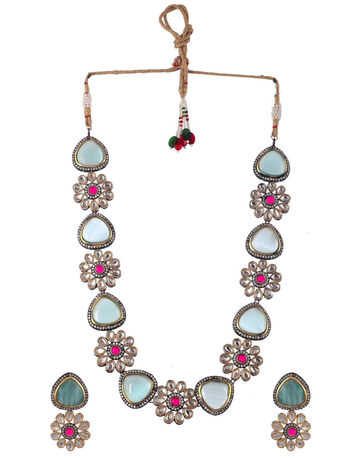 Gold Plated Blue & White Kundan Jewellery Set - Image 3