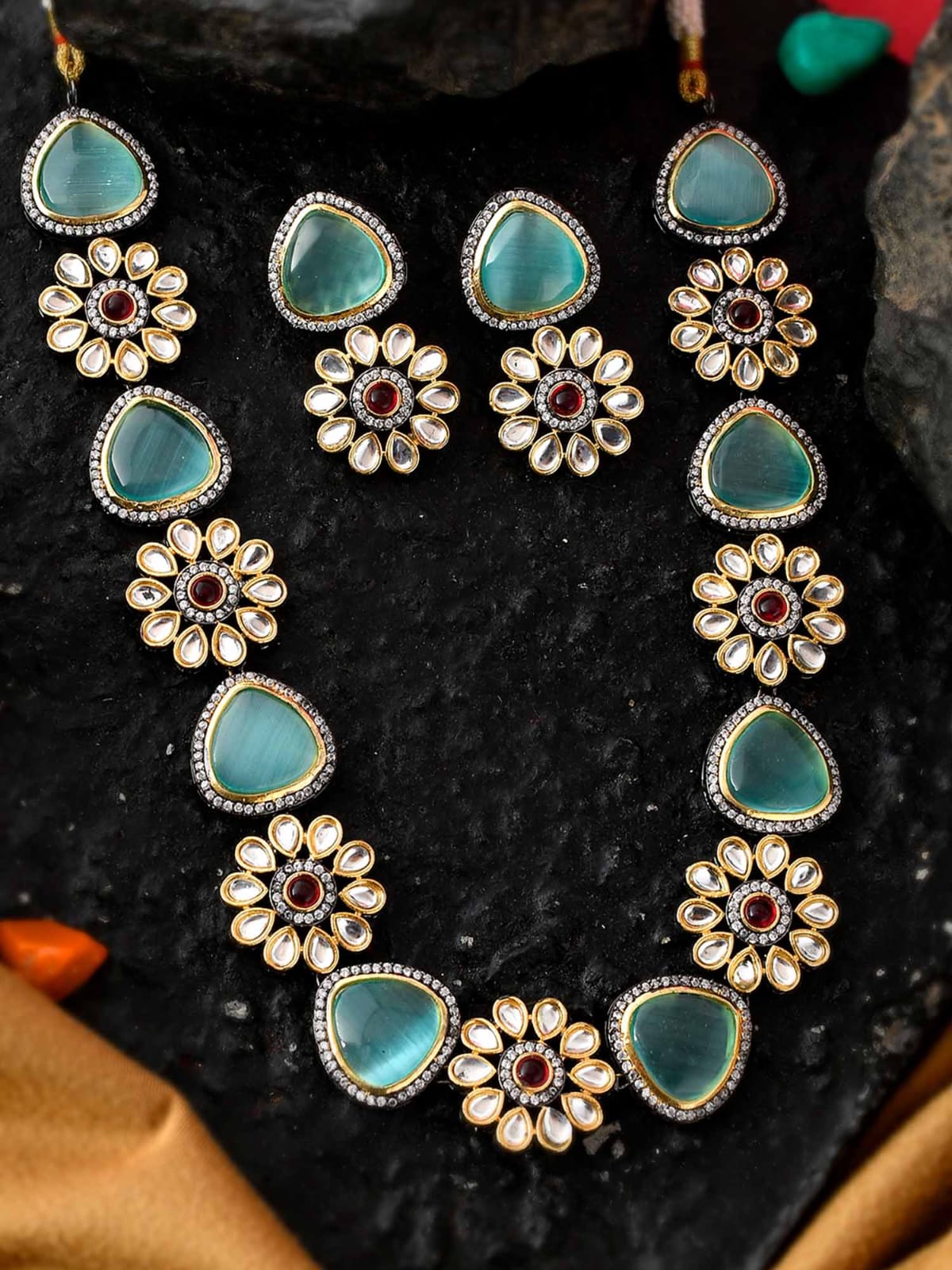 Gold Plated Blue & White Kundan Jewellery Set