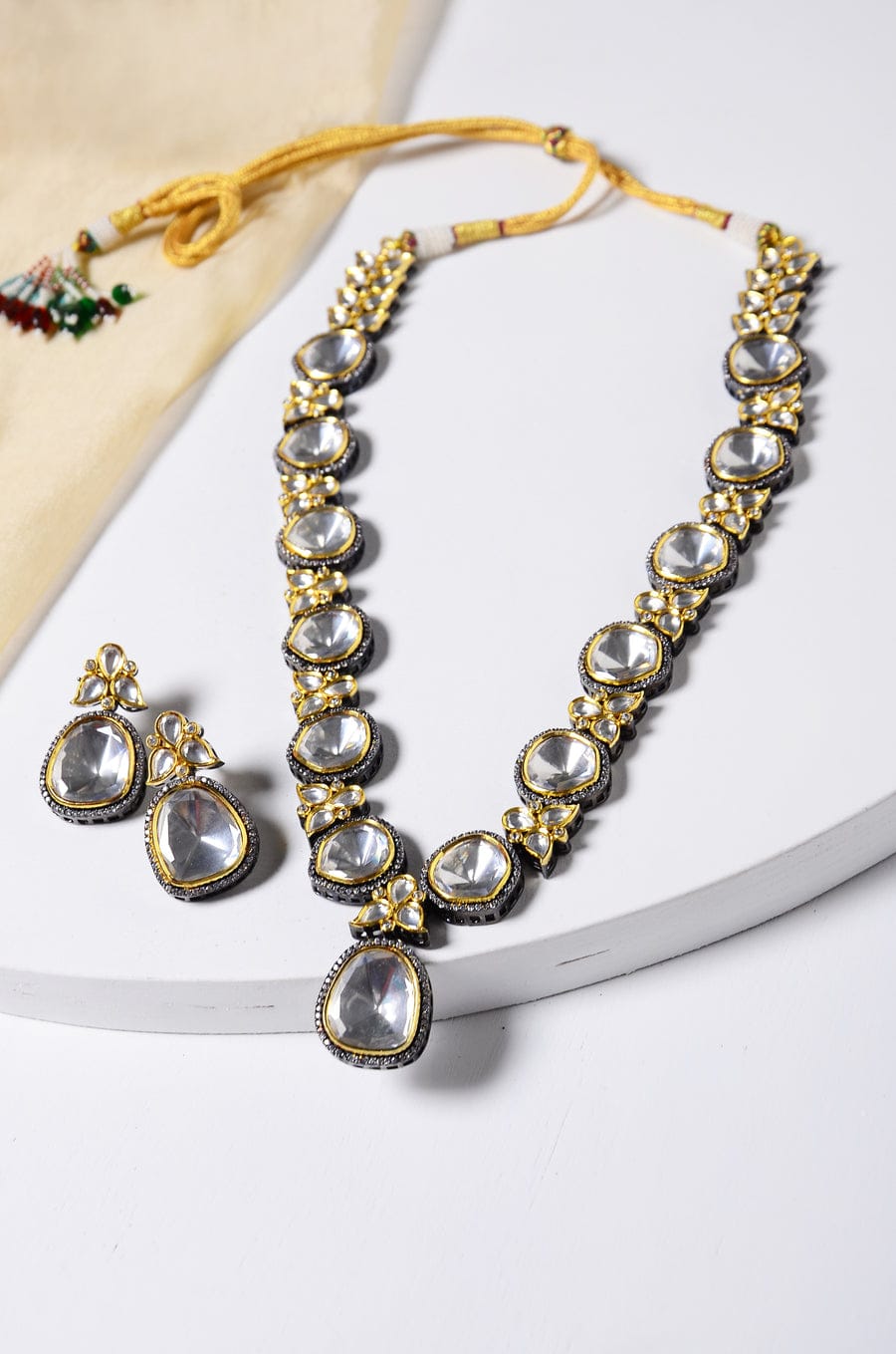 Gold Plated Polki And Cubic Zirconia Victorian Necklace Set - Image 5