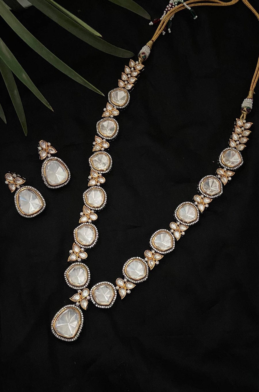 Gold Plated Polki And Cubic Zirconia Victorian Necklace Set - Image 3