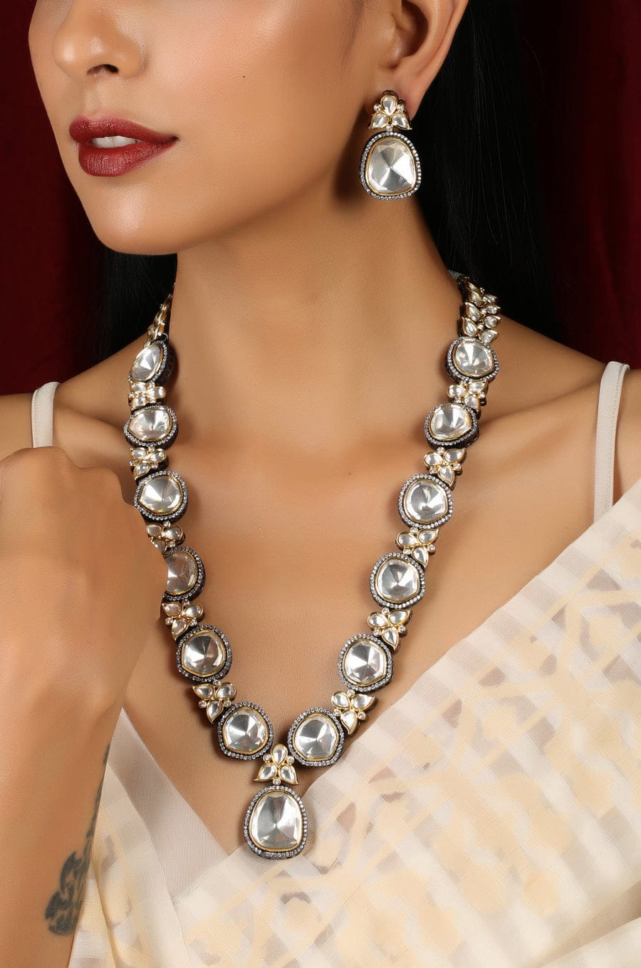 Gold Plated Polki And Cubic Zirconia Victorian Necklace Set - Image 4