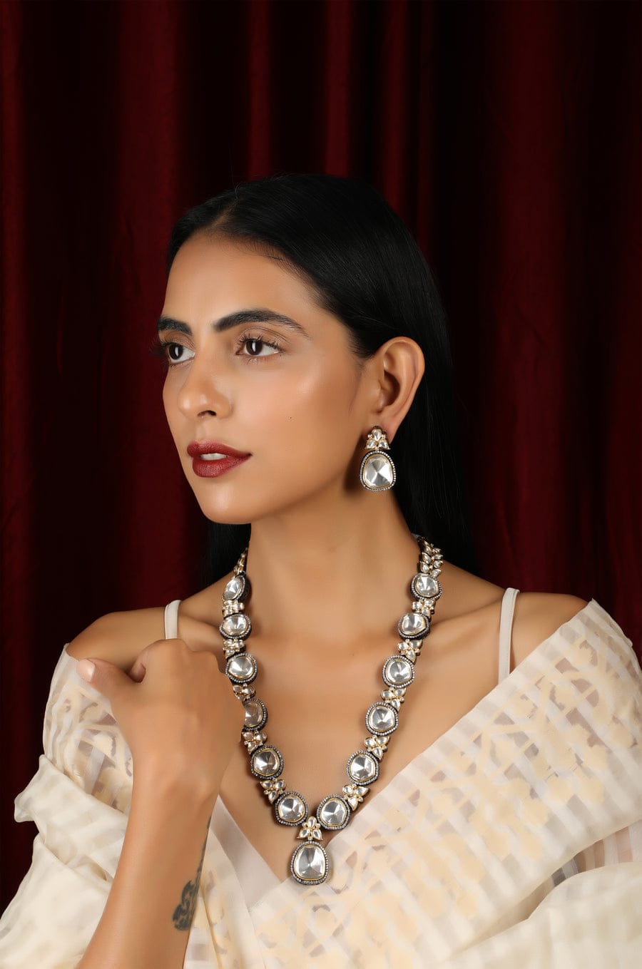 Gold Plated Polki And Cubic Zirconia Victorian Necklace Set - Image 2