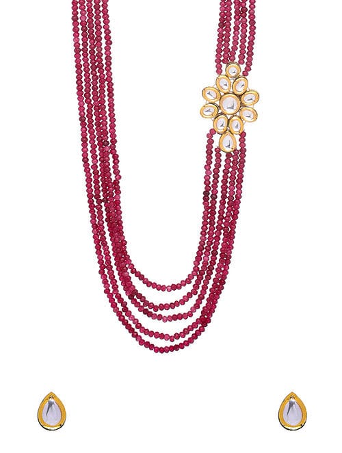 Bridal Kundan and Maroon Stones Necklace Set - Image 3