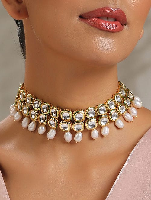 Gold Plated Kundan Wedding Necklace Set - Image 4