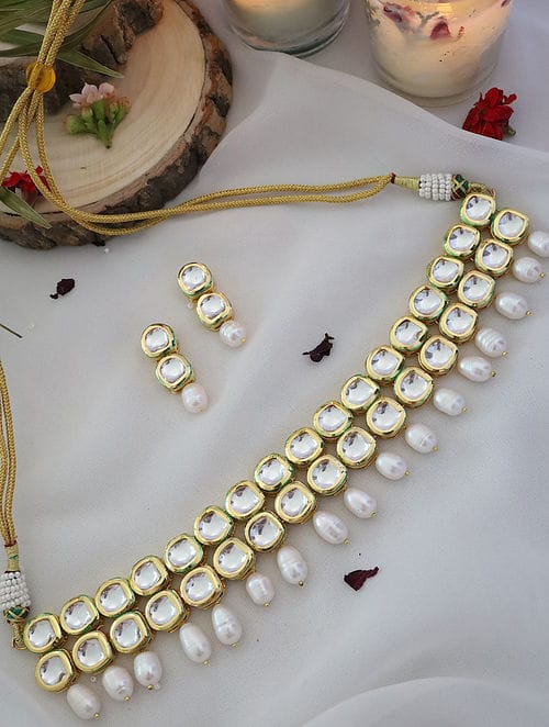 Gold Plated Kundan Wedding Necklace Set - Image 5