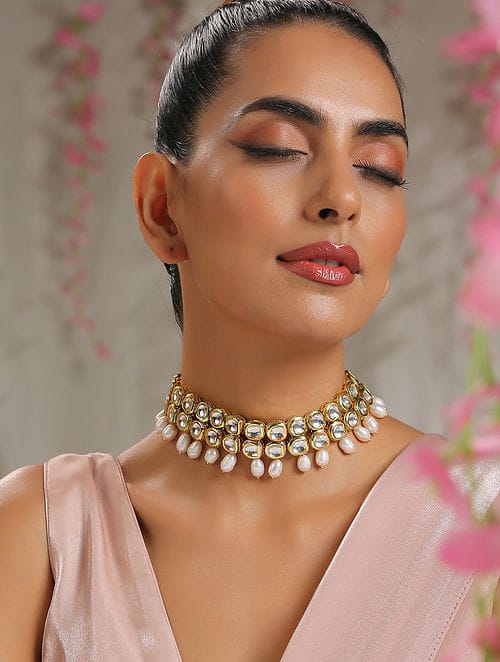 Gold Plated Kundan Wedding Necklace Set - Image 3