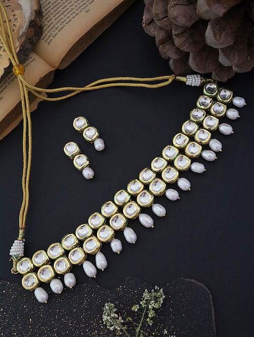 Gold Plated Kundan Wedding Necklace Set - Image 6