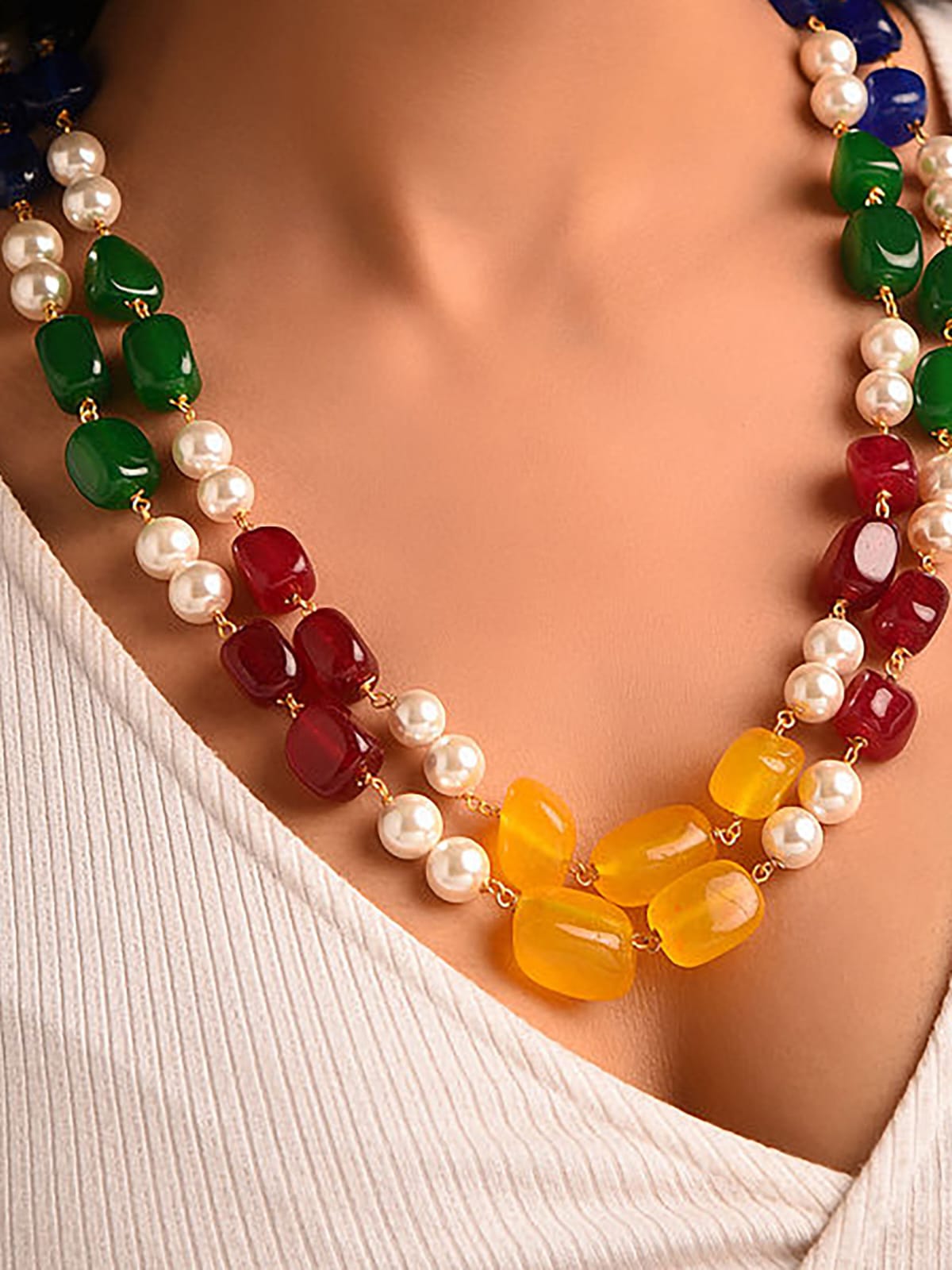 Multi Color Pearls Handcrafted Layered Necklace - Image 5