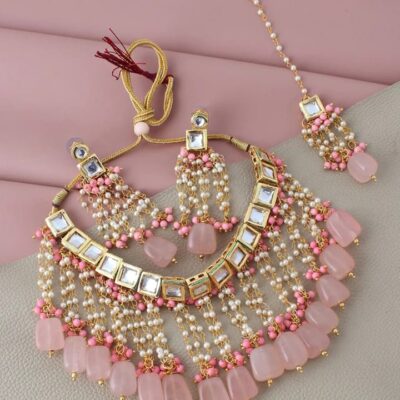 Gold Plated Pink Jewellery Set with Earring