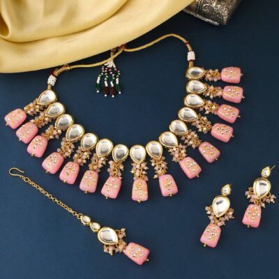 Gold Plated Pink & Beaded Jewellery Set