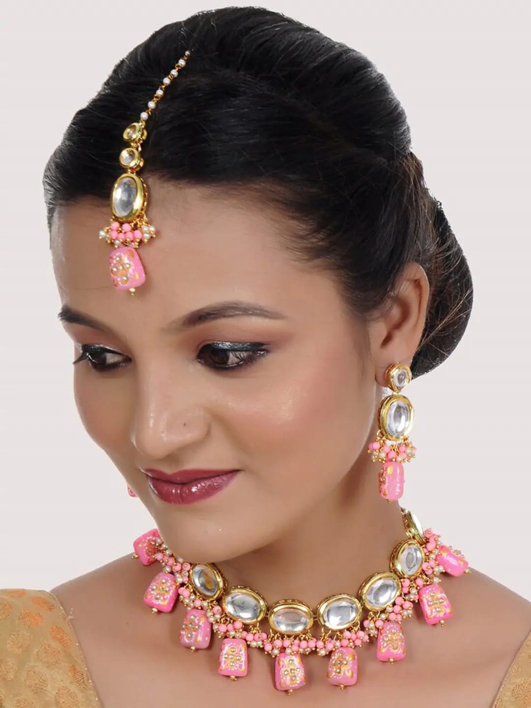 Gold Plated Pink & Beaded Jewellery Set - Image 2
