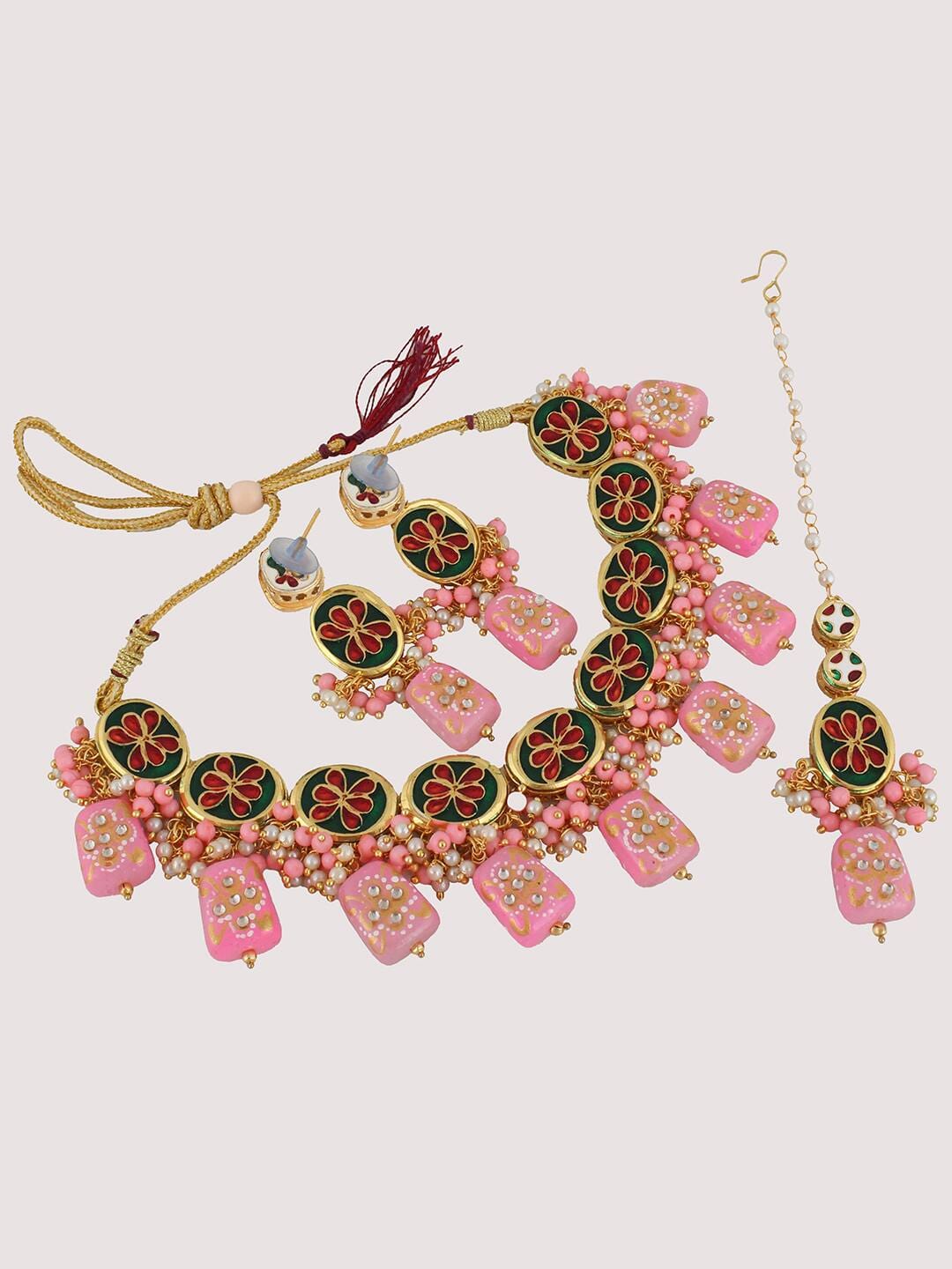 Gold Plated Pink & Beaded Jewellery Set - Image 3