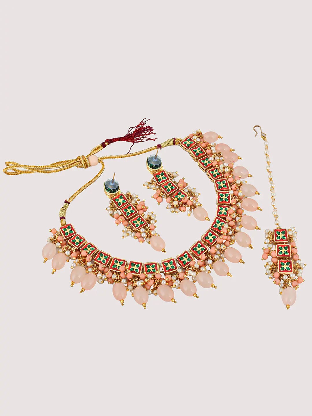 Kundan Peach Color Stone Brass Gold Plated Wedding Maang Tika & Necklace Set - Image 4