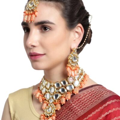 Kundan Peach Color Stone Brass Gold Plated Wedding Maang Tika & Necklace Set