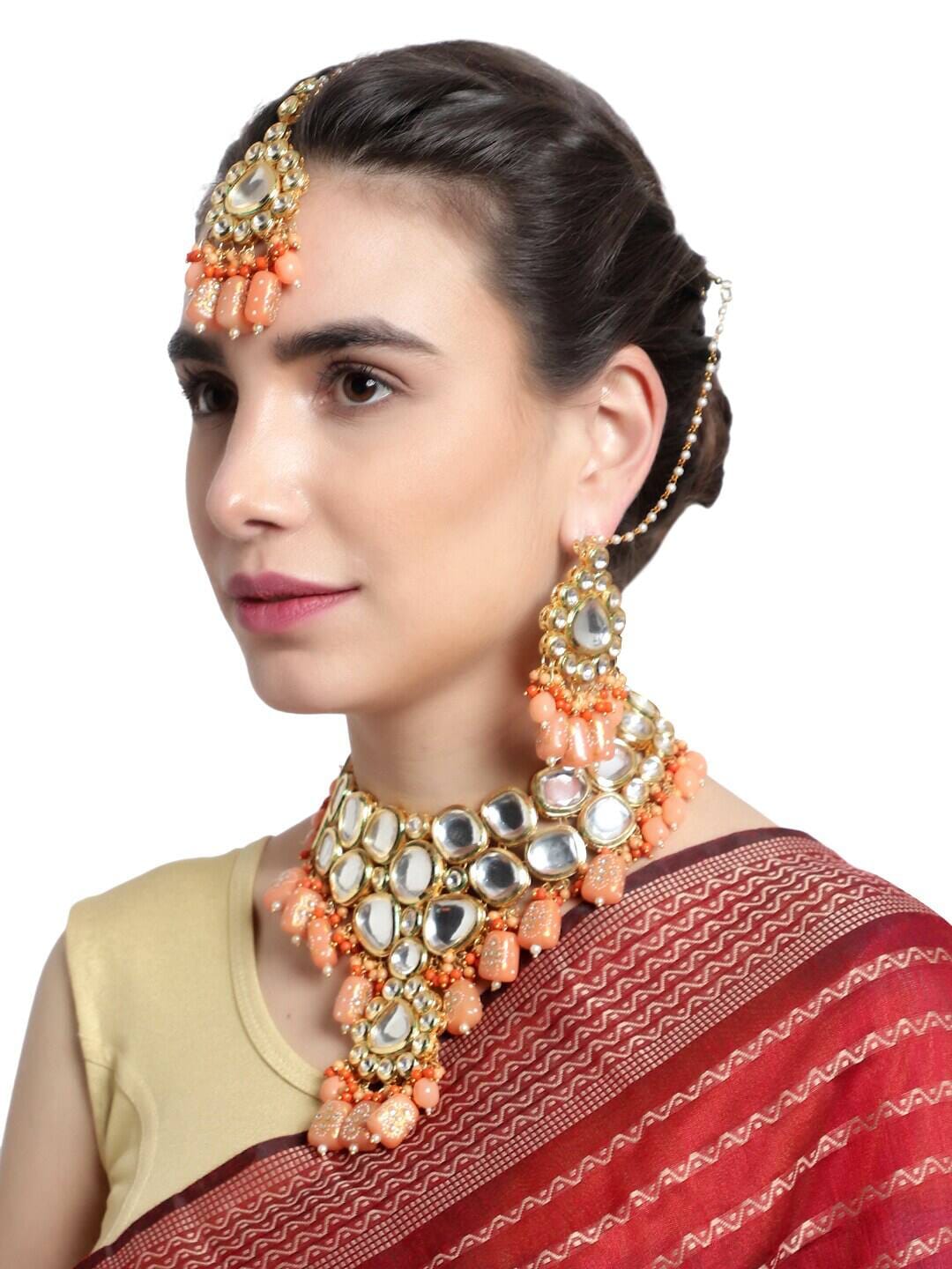 Kundan Peach Color Stone Brass Gold Plated Wedding Maang Tika & Necklace Set