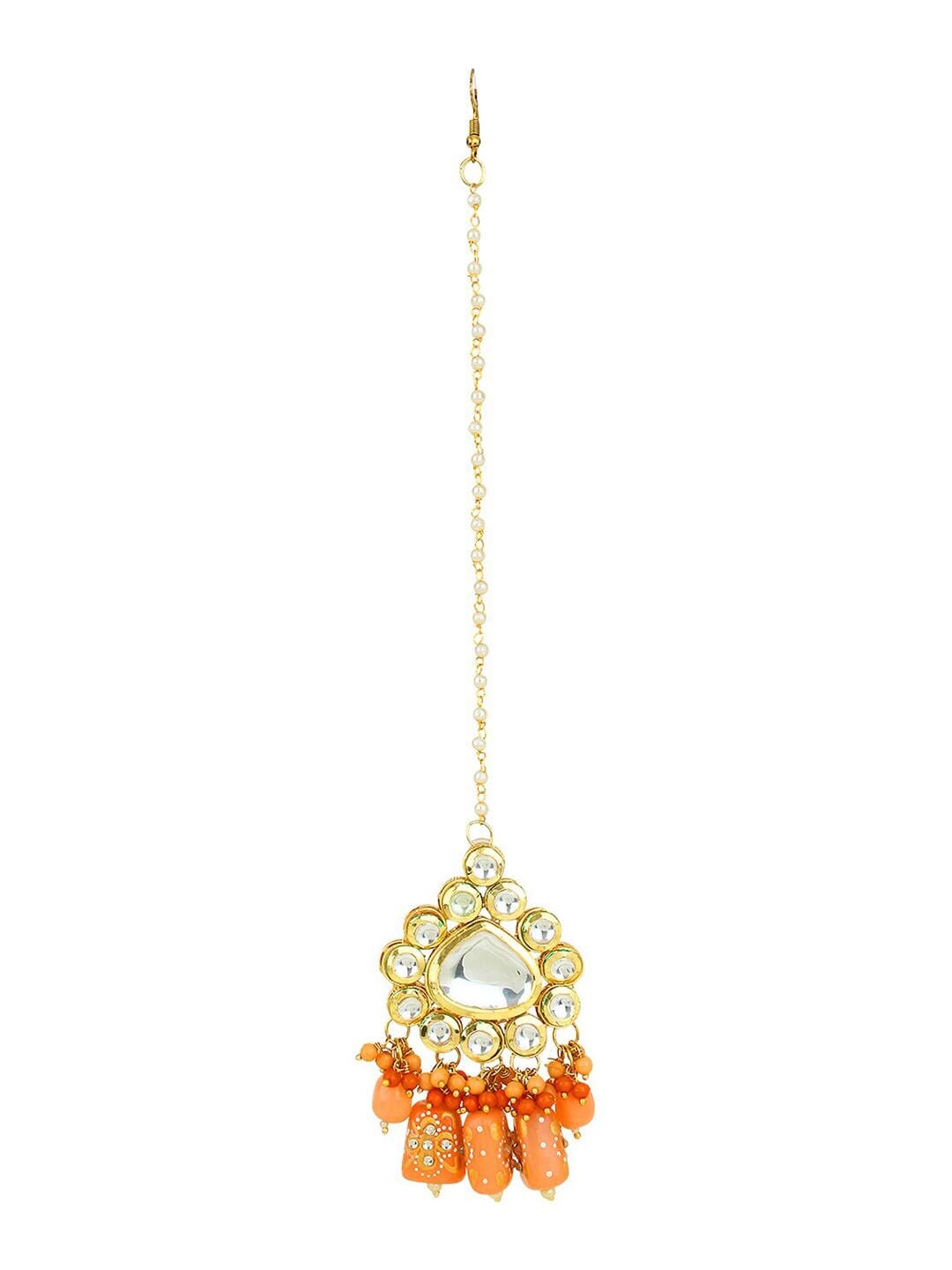 Kundan Peach Color Stone Brass Gold Plated Wedding Maang Tika & Necklace Set - Image 6