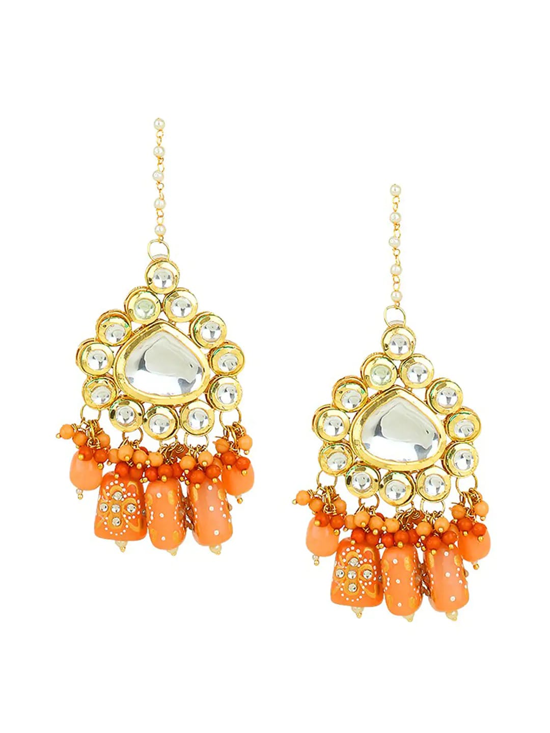 Kundan Peach Color Stone Brass Gold Plated Wedding Maang Tika & Necklace Set - Image 7