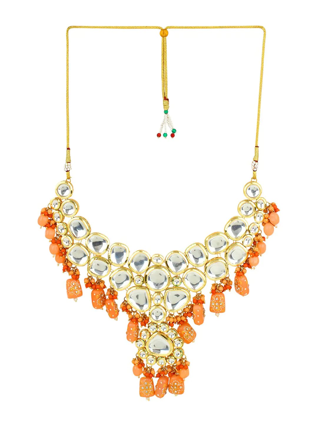 Kundan Peach Color Stone Brass Gold Plated Wedding Maang Tika & Necklace Set - Image 5