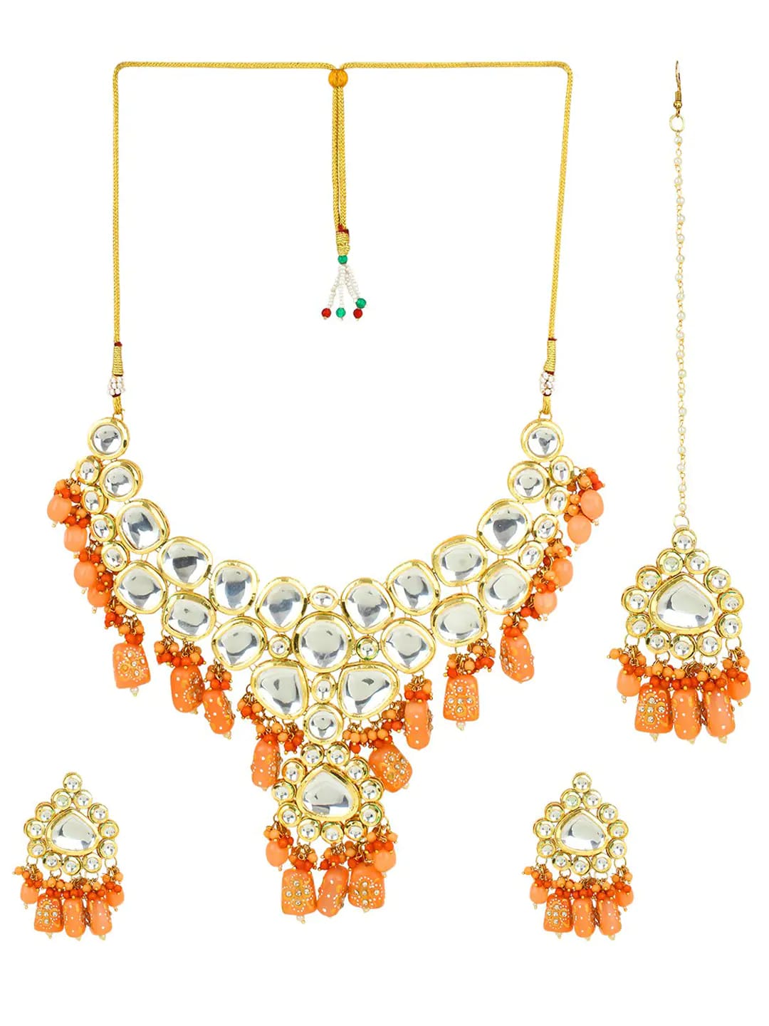 Kundan Peach Color Stone Brass Gold Plated Wedding Maang Tika & Necklace Set - Image 3