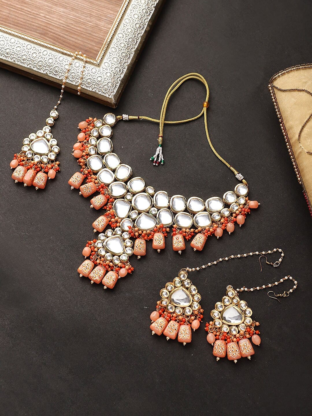 Kundan Peach Color Stone Brass Gold Plated Wedding Maang Tika & Necklace Set - Image 2