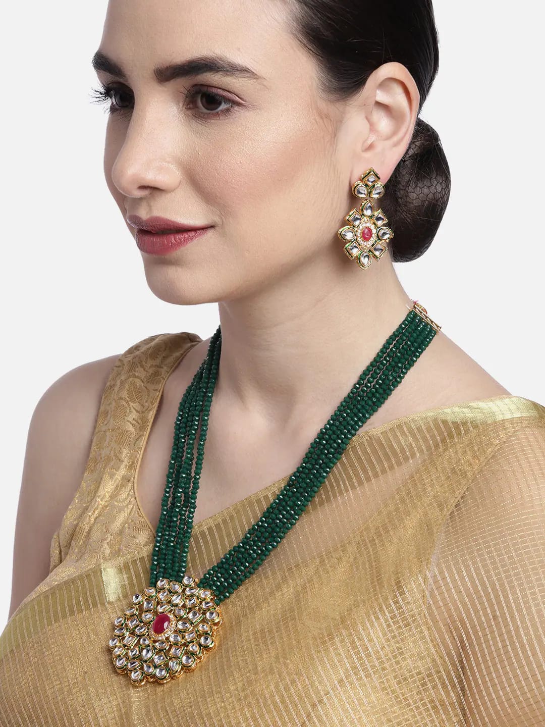 Long Kundan Gold Plated Wedding Necklace With Earring - Image 2
