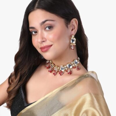 Gold Plated Kundan Necklace With Earring