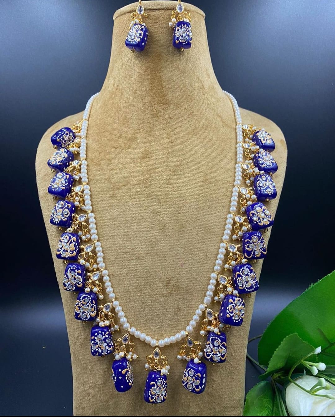 Long Pearl Haar Crystal Gold Plated Bridal Jewelry Necklace Set - Image 3