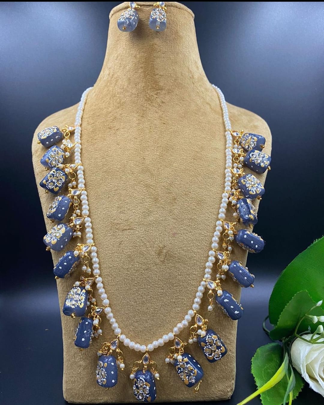 Long Pearl Haar Crystal Gold Plated Bridal Jewelry Necklace Set - Image 7
