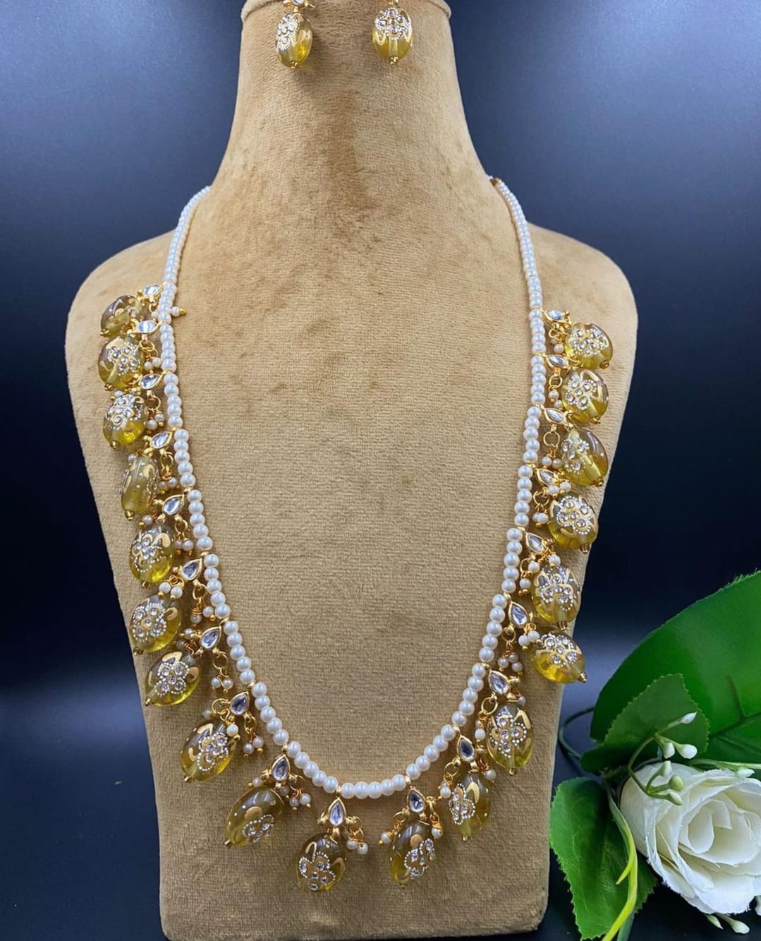 Long Pearl Haar Crystal Gold Plated Bridal Jewelry Necklace Set - Image 5