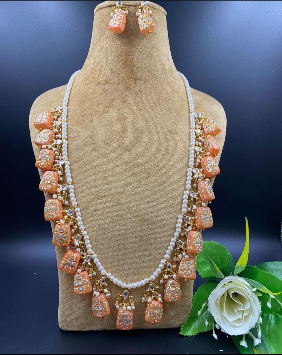 Long Pearl Haar Crystal Gold Plated Bridal Jewelry Necklace Set - Image 4