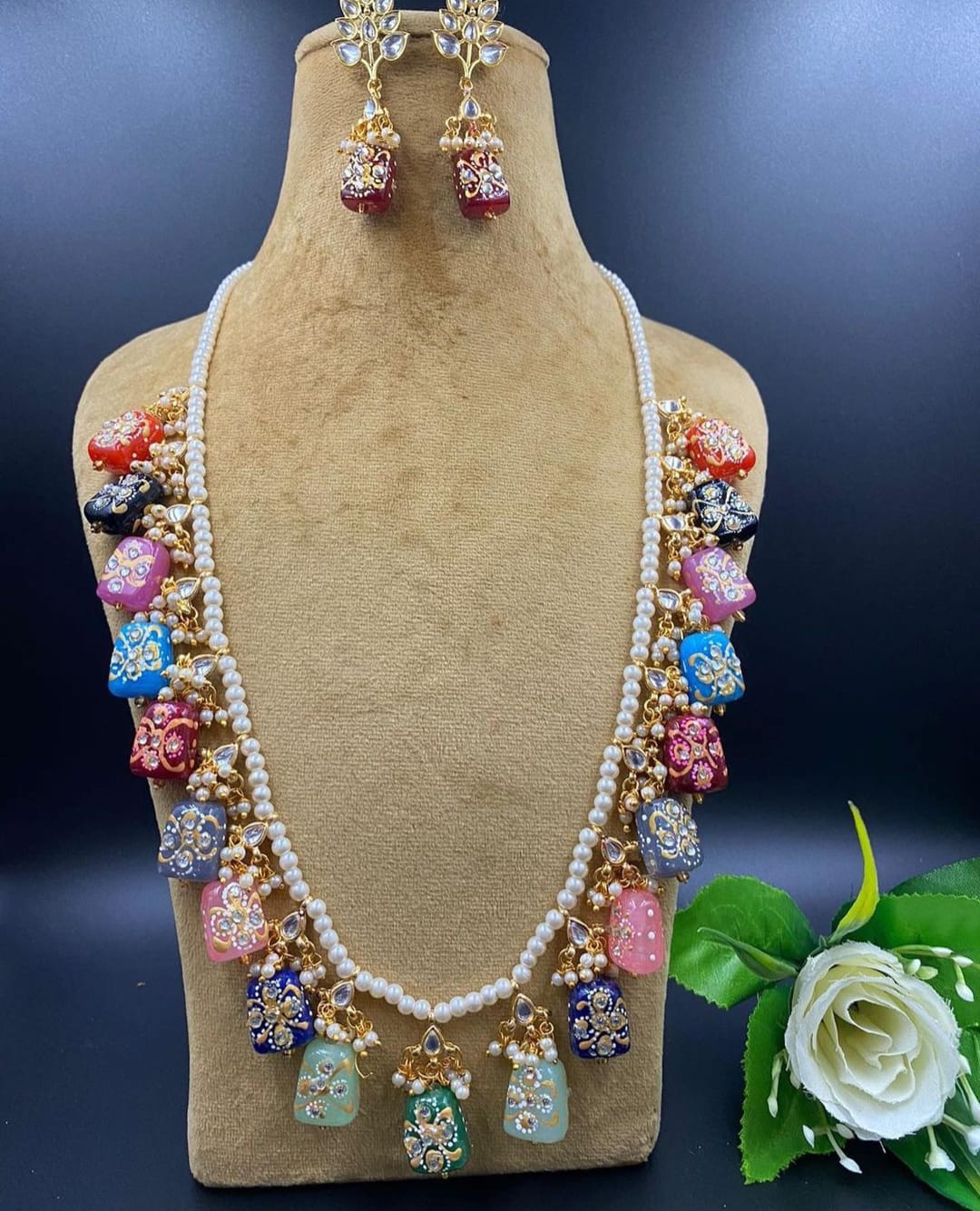 Long Pearl Haar Crystal Gold Plated Bridal Jewelry Necklace Set