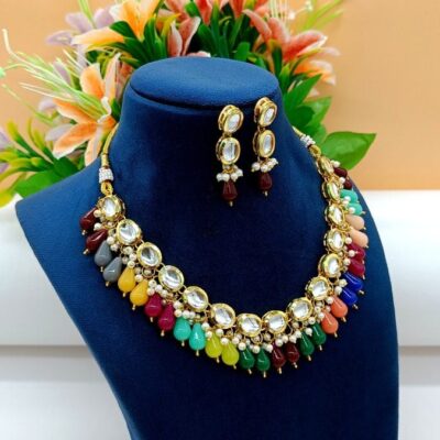 Bollywood Inspire Kundan Choker Necklace Set With Multi Color Stone