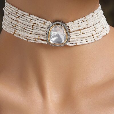 Silver Plated Pearls Polki Embellished Choker Necklace