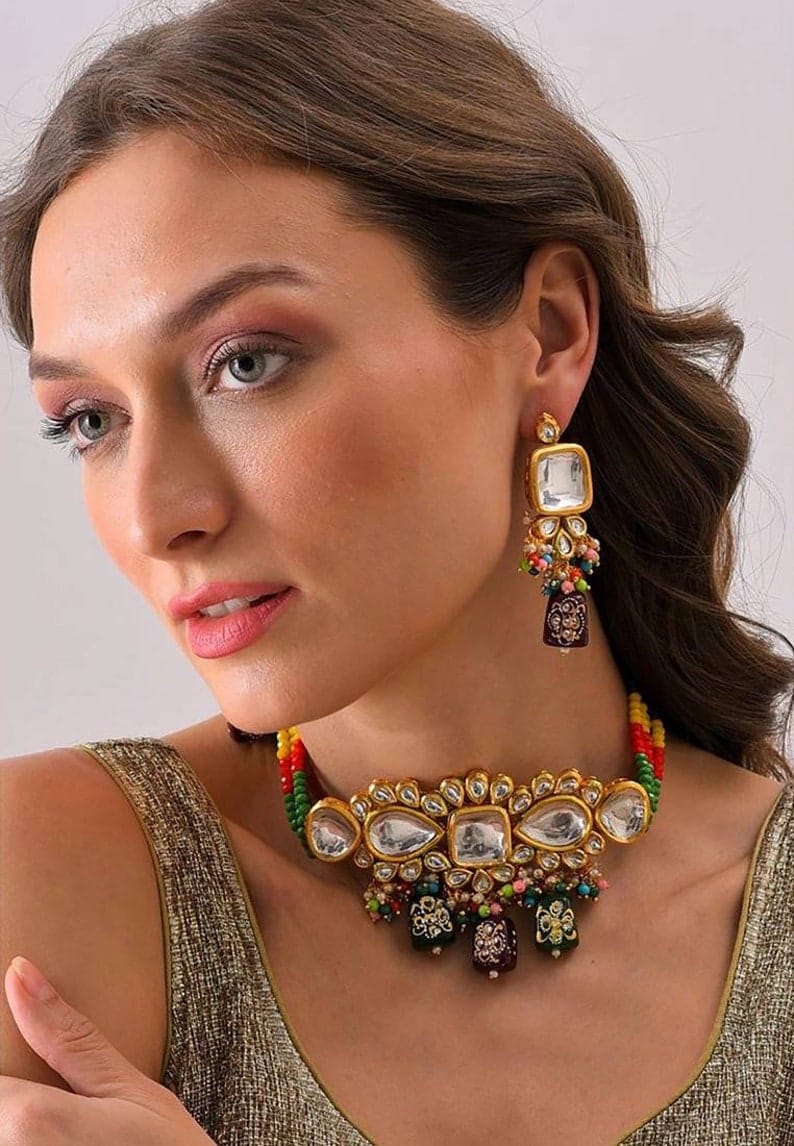 Gold Plated Multi Kundan Choker Set - Image 2