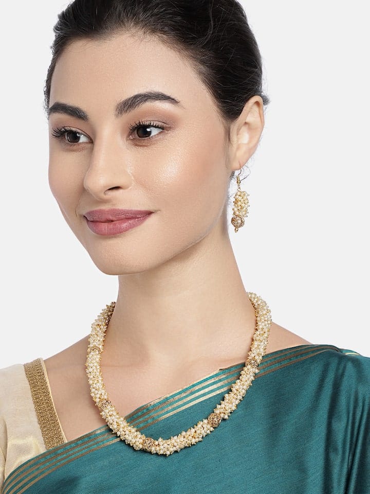 Gold plated Handcrafted pearl long necklace set - Image 2